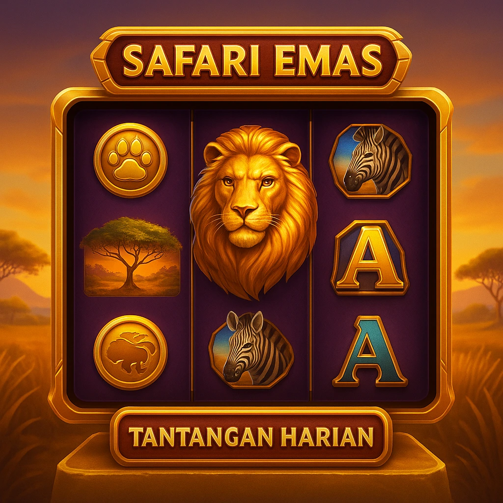 Ilustrasi 3D mesin slot bertema Safari Emas di Android dengan nuansa sabana dan simbol hewan liar