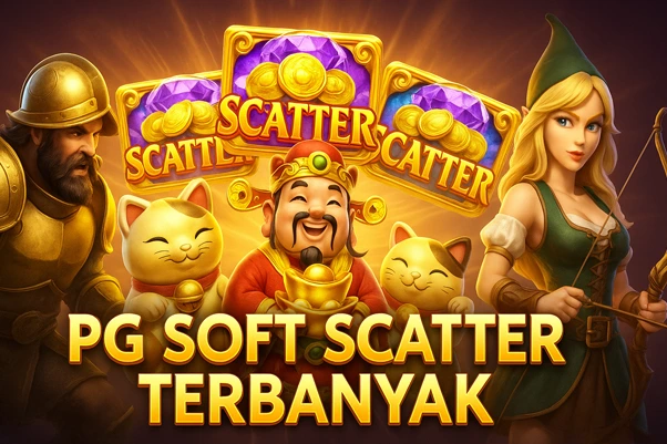 Ilustrasi 3D mewah bertema slot online PG Soft dengan scatter terbanyak dan efek visual emas